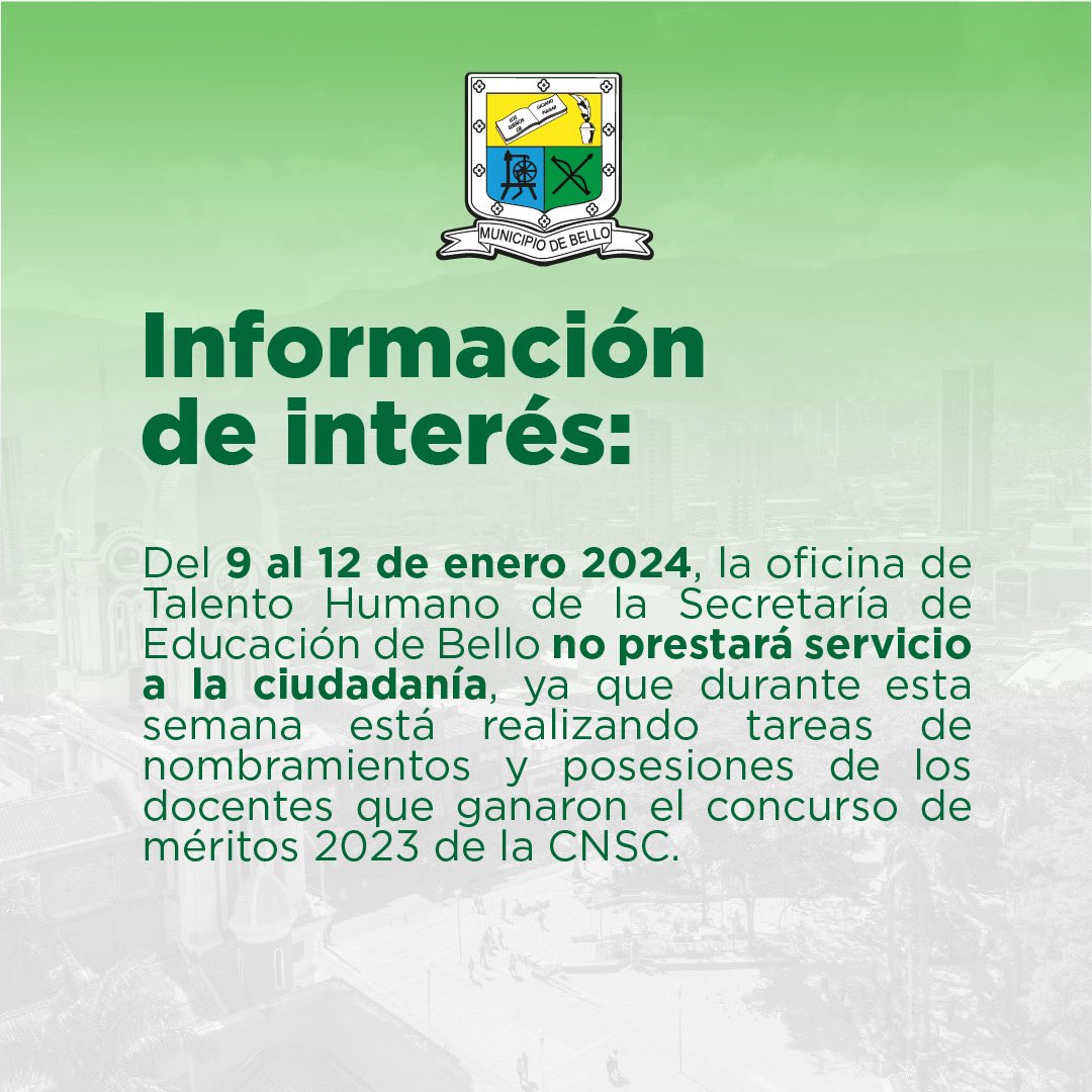 BelloEduca's tweet photo. 🚨Apreciados docentes y directivos docentes, esta semana la oficina de Talento Humano no prestará servicio. 

Nos vemos el lunes en el horario habitual.

¡Te esperamos! https://t.co/NY51CXiL8z