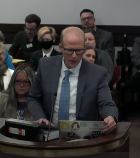ErinInTheMorn's tweet photo. Phillip speaking, representing multiple organizations.

"With just the mere hearing we are in today, according to the trevor project, 94% of LGBTQ+ youth will report having negative mental health impacts. They're watching and they are listening." https://t.co/w0W51KPhPg