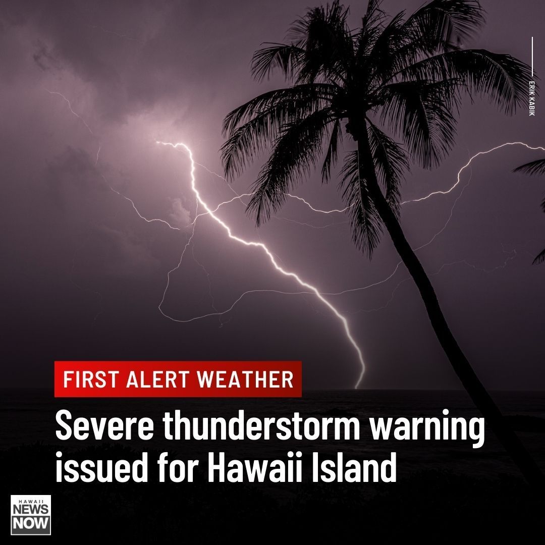 HawaiiNewsNow's tweet image. #FirstAlertWeather: A severe thunderstorm warning has been issued for Hawaii Island, and forecasters warn hail and wind gusts to 60 mph are possible. The warning is in effect through 11:30 a.m.

MORE: buff.ly/4aMJWub 
#HINews #HNN