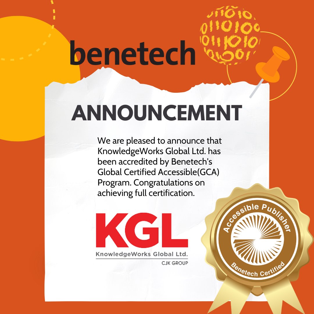 We are pleased to announce that @KwGlobalLtd has been accredited by Benetech's Global Certified Accessible(GCA) Program. Congratulations on achieving full certification! Learn more: ow.ly/oJjZ50Qpk1S
#a11y #literacyforall #socialimpact