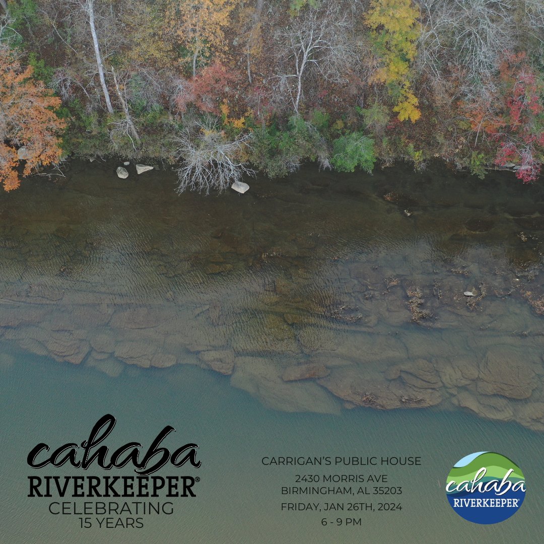 Come celebrate 15 Years of Cahaba Riverkeeper on January 26th, 2024 from 6-9 PM at Carrigan's Public House! There will be a short presentation by our team, food and drinks to order, and raffle prizes to win! 🥳 Save your spot by visiting the event page at eventbrite.com/e/15-years-of-…