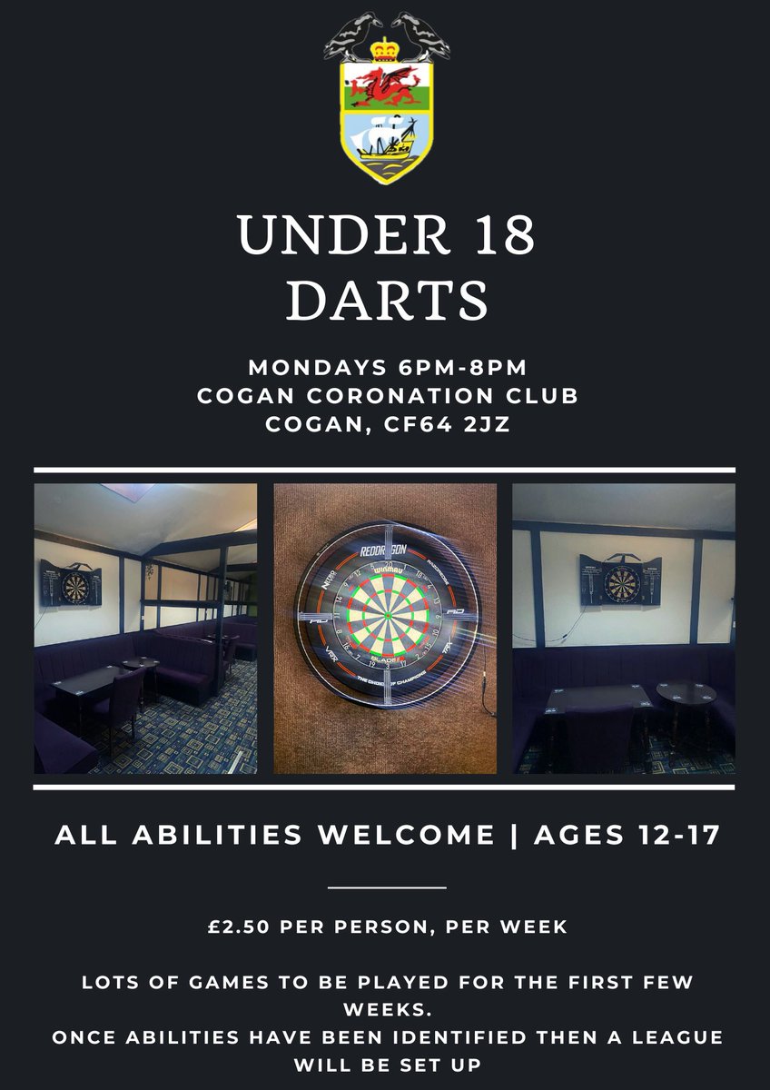 CoganCoroAFC's tweet photo. 🎯 | UNDER 18s DARTS
📆 | Every Monday starting 15th January
📍 | Cogan Coronation Club
⌚️ | 6pm-8pm
💰 | £2.50 per person, per week

A great friendly environment where youngsters can play &amp; improve

All monies from the subs will be put back into keeping the equipment up to date https://t.co/NNAXCtjlxc