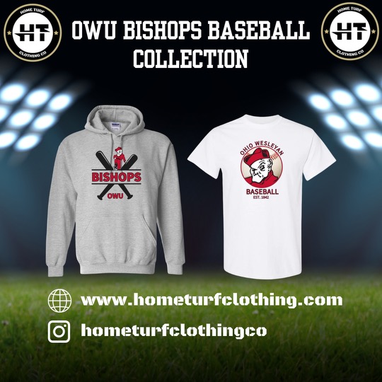 Don the coolest logo in #D3collegebaseball, order your <a href="/owu_baseball/">Ohio Wesleyan Baseball</a> team one-of-a-kind t-shirts and hoodies. Choose from two unique designs featuring the Bishop. A portion of the sales from the items goes directly to the team! <a href="/OhioWesleyan/">Ohio Wesleyan University</a> #RollShops