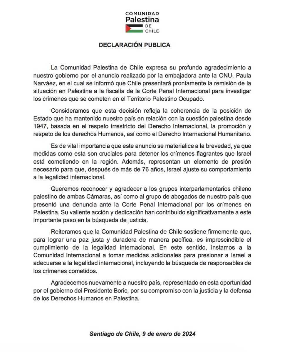 ComPalestinaCL's tweet photo. 𝐃𝐞𝐜𝐥𝐚𝐫𝐚𝐜𝐢𝐨́𝐧 𝐩𝐮́𝐛𝐥𝐢𝐜𝐚 sobre anuncio de remisión de la situación en Palestina ante la Corte Penal Internacional. 

#Comunicadodeprensa #ultimominuto #palestina #palestinahoy https://t.co/cVeI8Egb1p