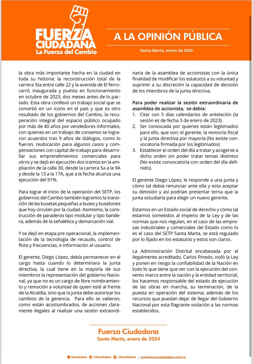 Alcalde ilegítimo sigue violando la Ley y el Estado de Derecho al declarar insubsistente al gerente del <a href="/SETPSANTAMARTA/">SETP Santa Marta</a> y ponen en riesgo la confiabilidad de la Nación en todo lo que tiene que ver con la ejecución del convenio marco entre la nación y la entidad territorial. 

Los
