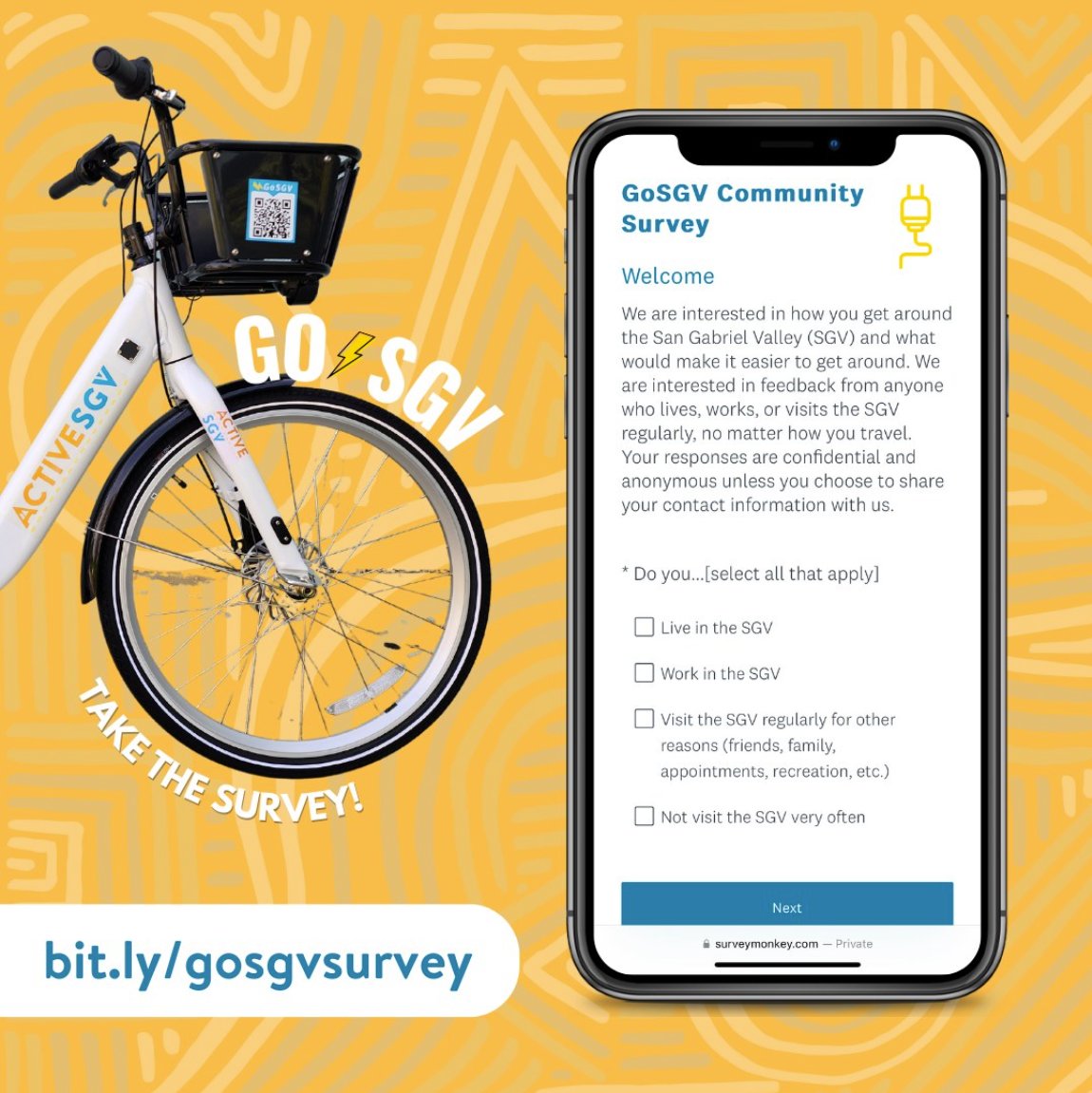 Day1DO's tweet photo. Reminder: SGV residents, workers & visitors are invited to participate in the #GoSGV Community Survey. The @SGVCOG & @ActiveSGV are interested in how you get around the SGV & what would make it easier to travel by walking, rolling & riding transit. https://t.co/rmyWjoVbGo https://t.co/eilPV7tTmm