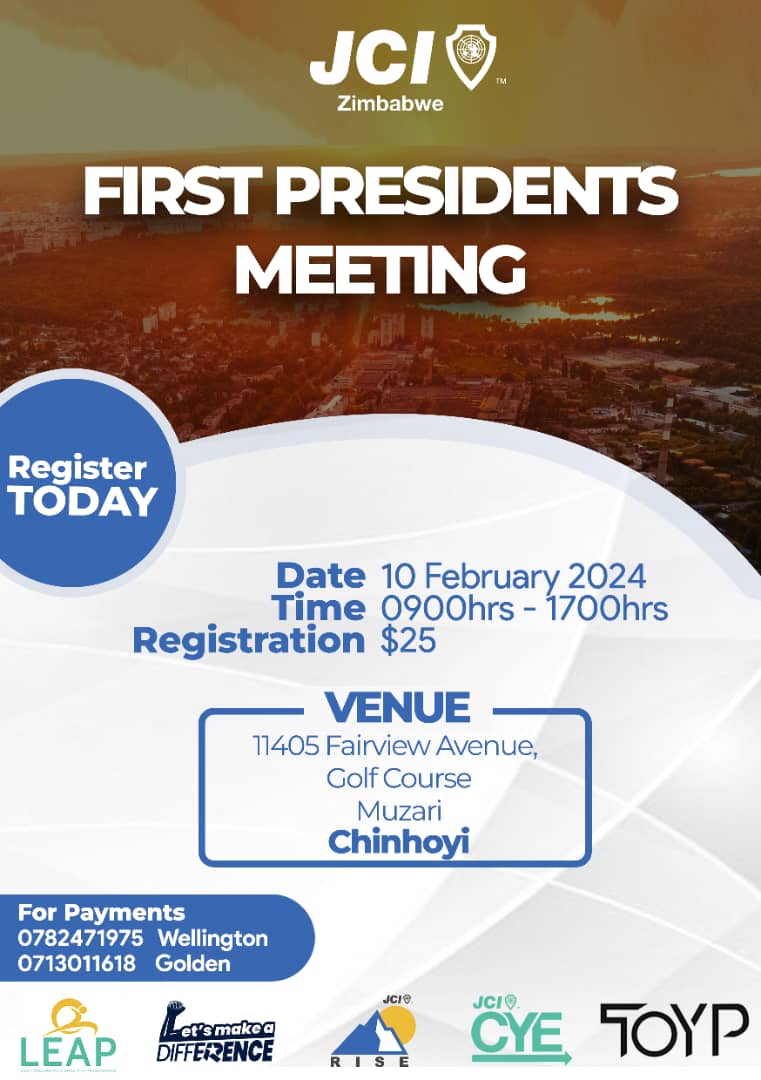 JCI Zimbabwe is inviting all members, alumni, partners, and prospective members to the 2024 First Presidents Meeting (FPM) in Chinhoyi. 

#letsmakeadifference 
#leap