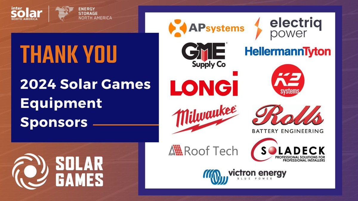 ISNAESNA's tweet photo. Thank you to the following companies for providing essential equipment for the 2024 #SolarGames competition! Watch the tournament onsite at the San Diego Convention Center to see their equipment in action. Learn more: https://t.co/iYw2UwtVlX #isnaesna https://t.co/RARBNiuzwN