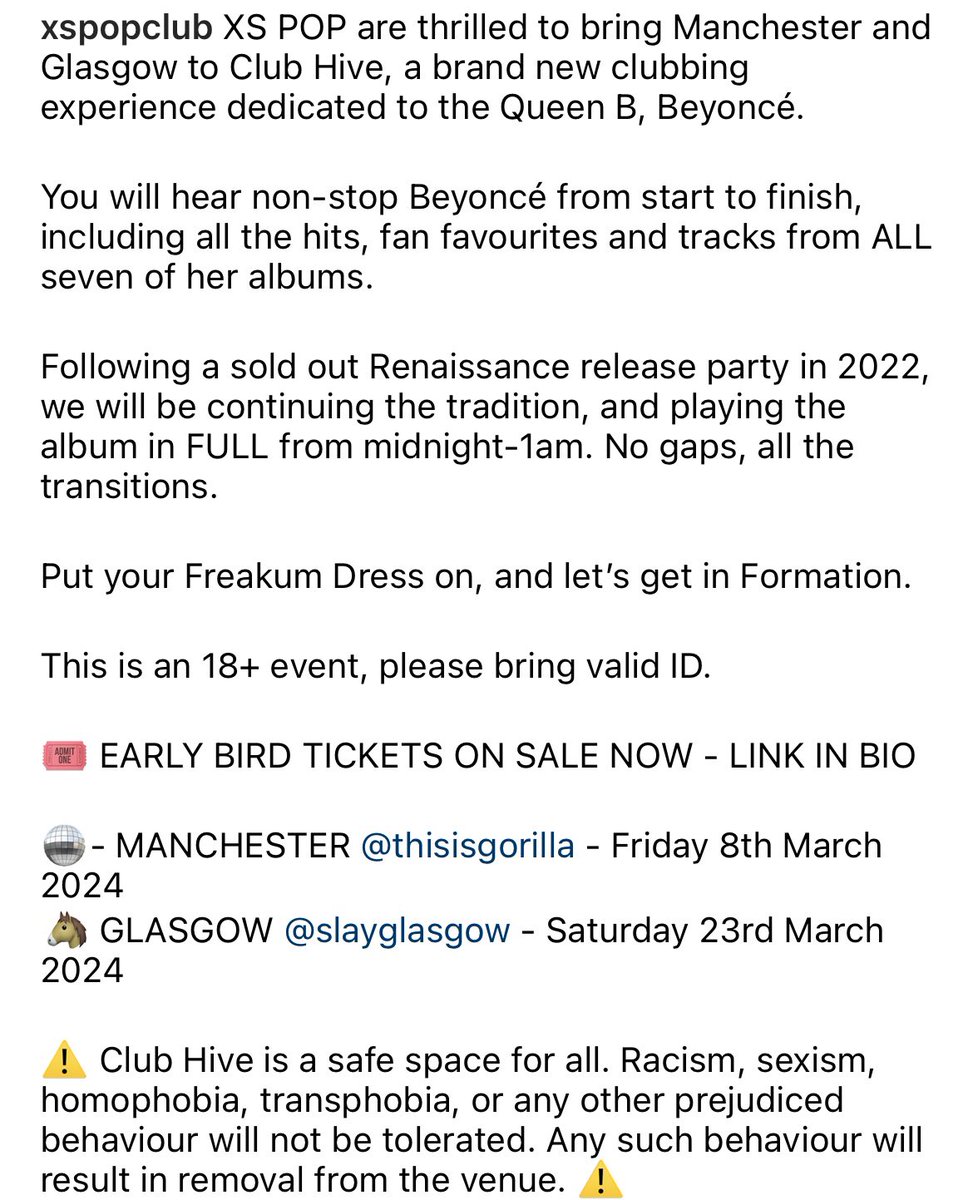 XSPopClub's tweet photo. CLUB HIVE 🪩 

ALL BEYONCÉ, ALL NIGHT

MANCHESTER @thisisgorilla - FRIDAY 8th MARCH 2024

GLASGOW @ Slay - SATURDAY 23rd MARCH 2024

EARLY BIRD TICKETS ON SALE - https://t.co/QxbLFfjfln https://t.co/v8aA66N1rS