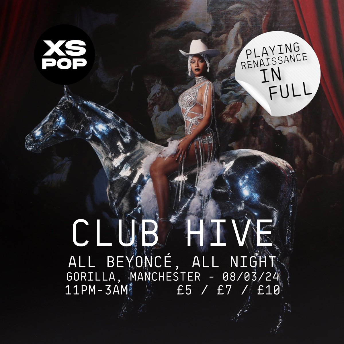 XSPopClub's tweet photo. CLUB HIVE 🪩 

ALL BEYONCÉ, ALL NIGHT

MANCHESTER @thisisgorilla - FRIDAY 8th MARCH 2024

GLASGOW @ Slay - SATURDAY 23rd MARCH 2024

EARLY BIRD TICKETS ON SALE - https://t.co/QxbLFfjfln https://t.co/v8aA66N1rS