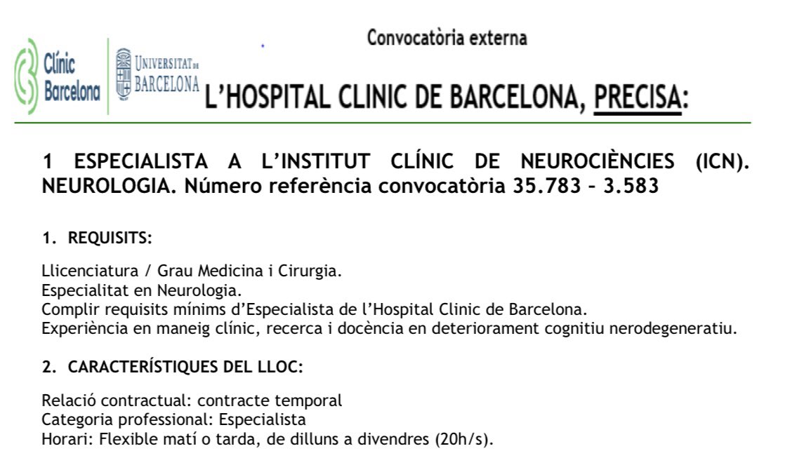 NeusFalgas's tweet image. 👇🏻👇🏻👇🏻 Oferta de feina per treballar a la unitat d’Alzheimer @hospitalclinic Més info al link!