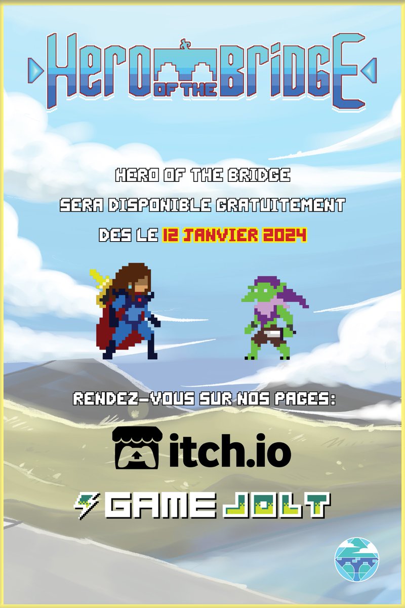 _BridgeGames_'s tweet photo. Notre héros a besoin de vous ! 
Rendez-vous le 12 janvier 2024 pour jouer GRATUITEMENT à Hero Of The Bridge ! 

- GameJolt : https://t.co/avoEnQSKNa
- Itchio : https://t.co/Yl4NwP1Bbh https://t.co/0qvQ8TBa8r