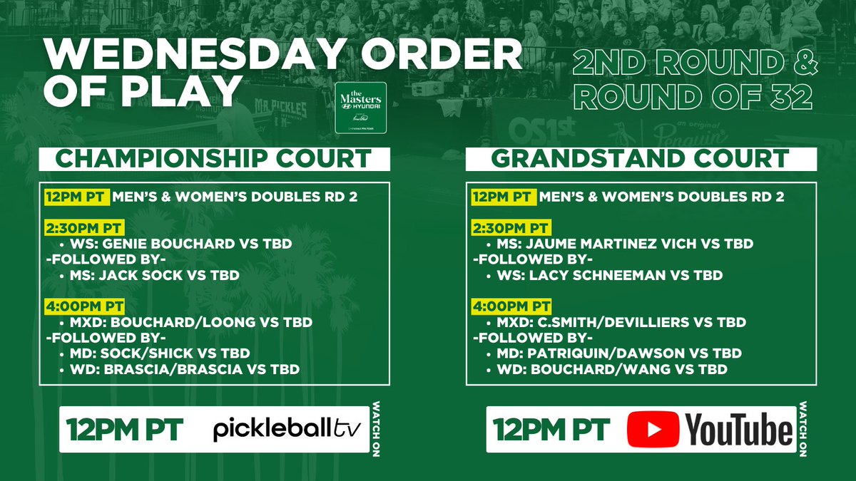 First order of play for the Hyundai Masters, powered by @invitedclubs 🌴 The advantage of the progressive draw is now knowing when your favorite players are playing live on @PBTV365 📺😉