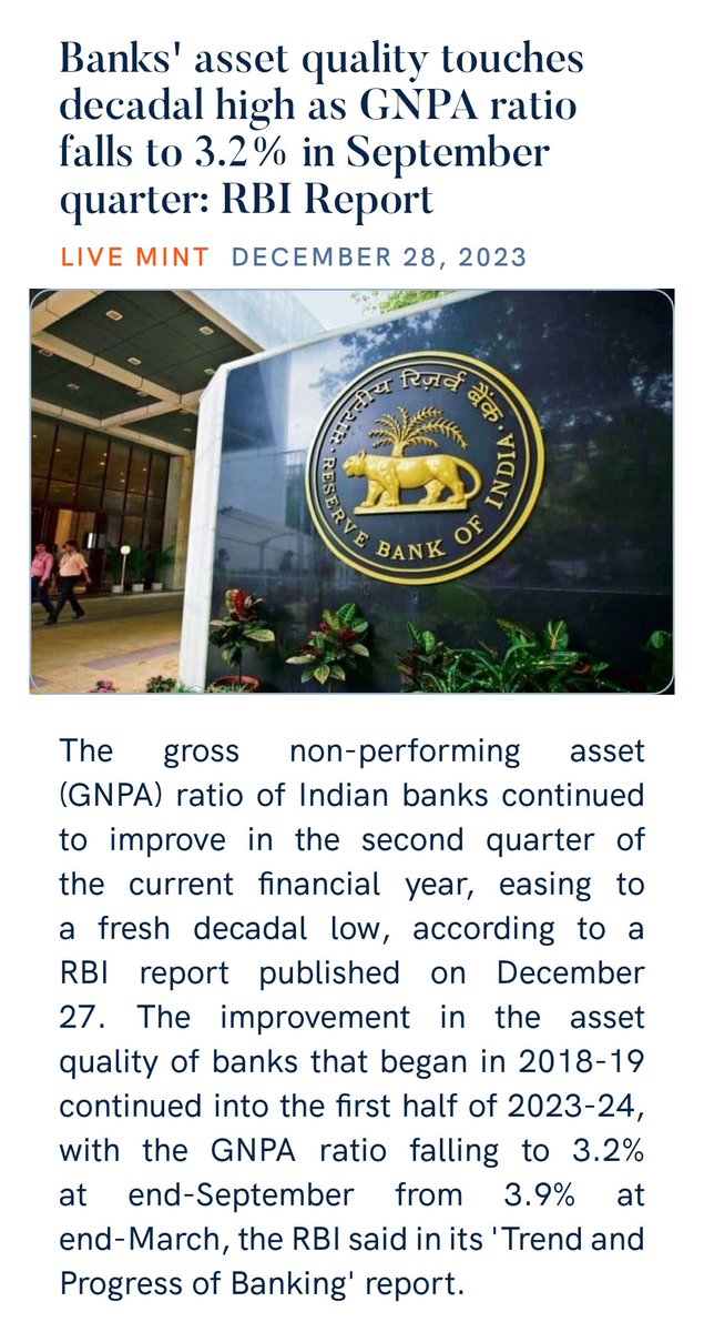 PallabGope3's tweet photo. Banks' asset quality touches decadal high as GNPA ratio falls to 3.2% in September quarter: RBI Report
https://t.co/ww9iAN0Szh

via NaMo App https://t.co/pKIrWGmf2C