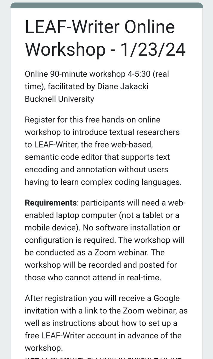 LEAF-Writer Online Workshop - 2024-01-23 Free online 90-minute workshop 4-5:30 (EST), facilitated by @DianeJakacki of Bucknell University. Register at: docs.google.com/forms/d/e/1FAI…