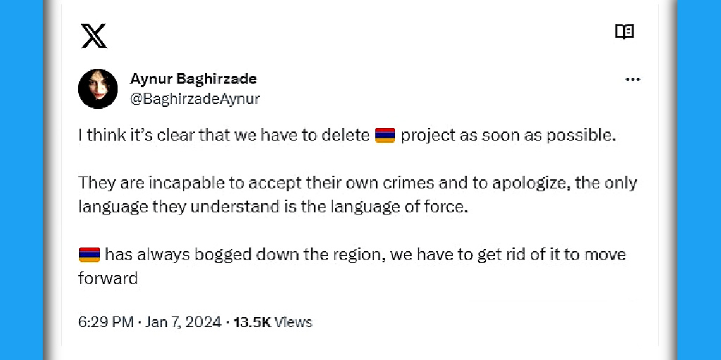 ANCA_DC's tweet photo. Dear @elonmusk: Can you do something about folks like @baghirzadeaynur publicly posting about deleting entire nations? https://t.co/iiMfnKESWQ