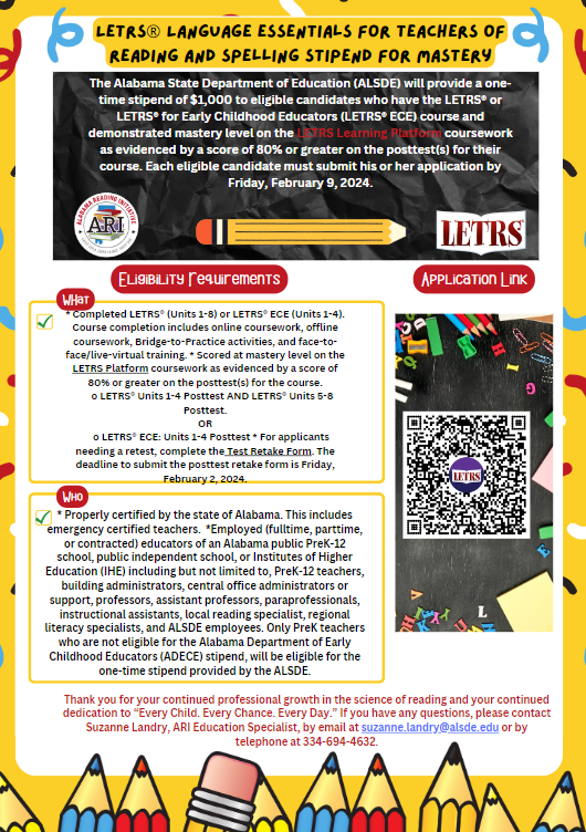 Alabama_Reading's tweet photo. The ALSDE will provide a one-time stipend of $1,000 to  eligible candidates who have completed the LETRS® or LETRS® for Early Childhood  Education (LETRS® ECE) course and demonstrated mastery level. 

Memo: https://t.co/l35q4HK4DD https://t.co/8GYtEw3VsH