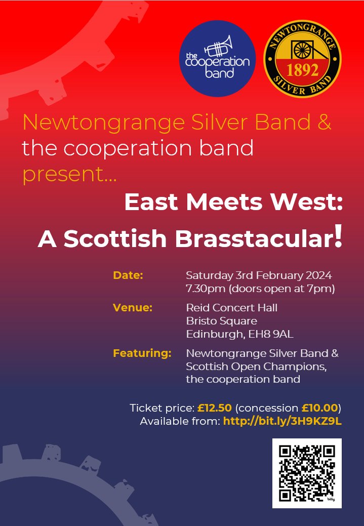 CONCERT: Newtongrange Silver Band and Scottish Open Champions @cooperateband present East Meets West: A Scottish Brasstacular! Details: 3rd February 2024, 7.30pm, Reid Concert Hall, Bristo Square, Edinburgh, EH8 9AL Tickets: £12.50/£10 available from priorbooking.com/e/east-meets-w…