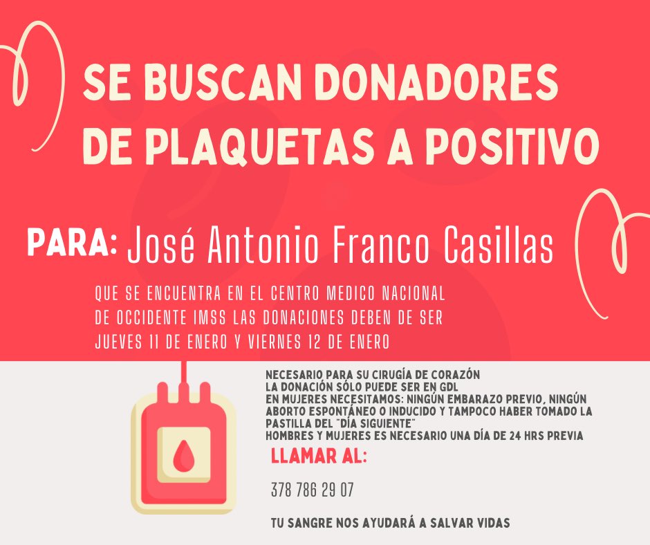 Vane_Fco's tweet photo. Hola amigos al fin nos darán fecha para la cirugía pero antes nos piden tener los donadores de plaquetas exclusivamente A+ 
Solo puede ser este jueves o viernes en Gdl en centro médico de occidente 
Es muy importante cumplir los requisitos 
Me ayudarían mucho mucho difundiendo https://t.co/ot5pWzvy20