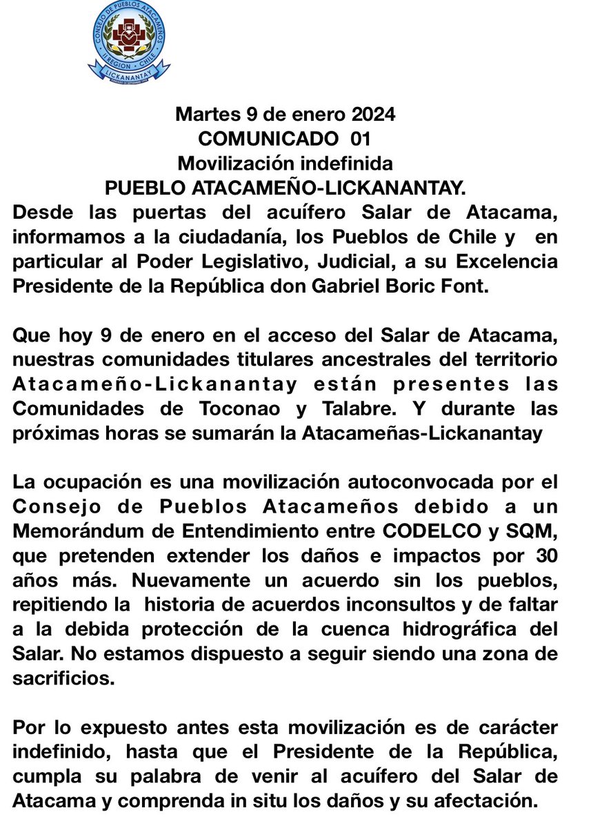 CP_Atacamenos's tweet photo. A los Pueblos de Chile, a los poderes del Estado de Chile y a su Excelencia Presidente de la República de Chile. https://t.co/YwYQN0oRWw
