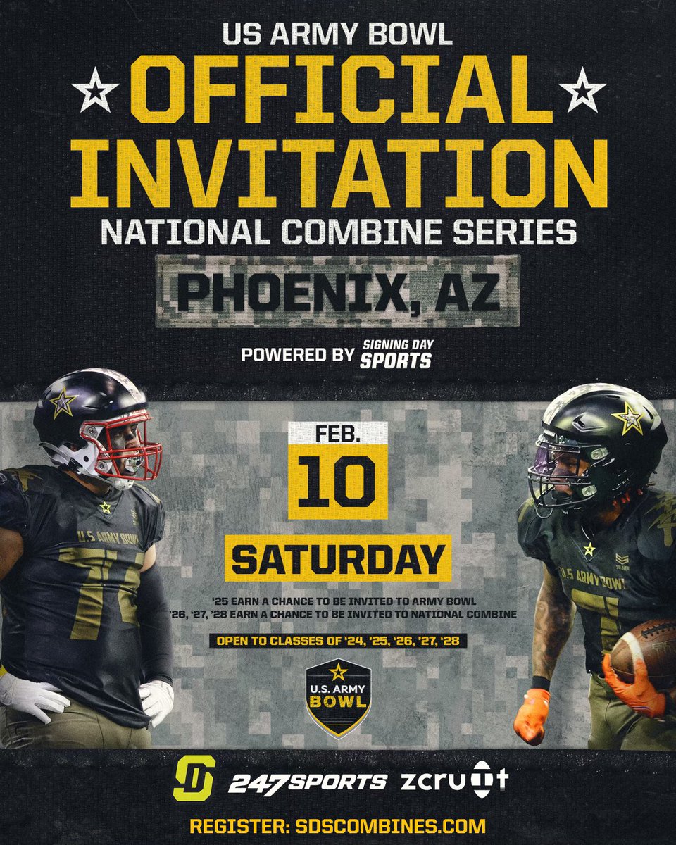 Thankful to receive an invite to the US Army Bowl National Combine Series! @JJKilgore_SDS @ArmyBowlCombine @USArmyBowl @alaqcfootball @TyDetmer14 @mxrd15 @PatriotsDC @_RECRUITid @gridironarizona @JUSTCHILLY @azc_obert @AZHSFB @ZachAlvira @KevinMcCabe987 @On3Recruits…