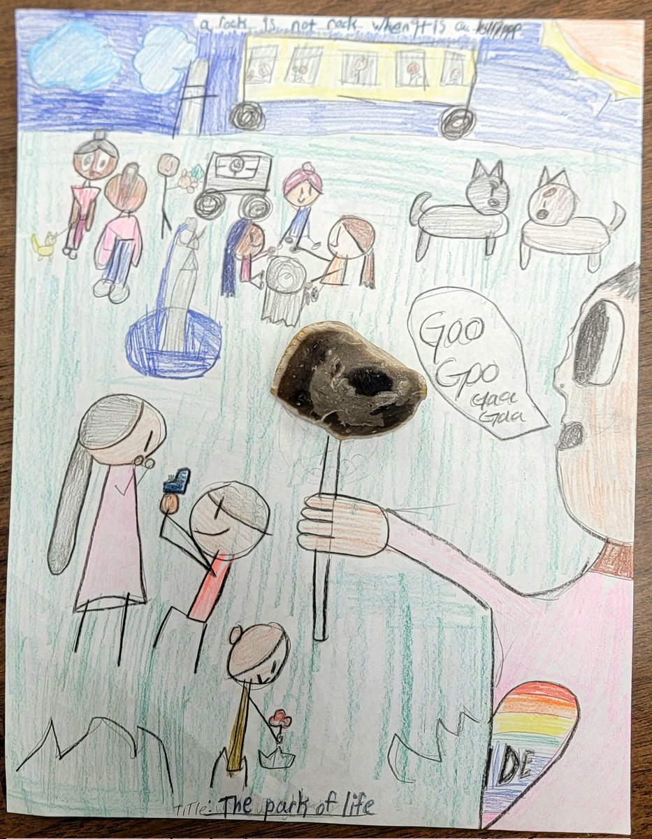 TimberwolvesGT's tweet photo. One of my favorite object transformations from today! "A rock is not a rock when it is a lollipop". This student named her piece of art The Park of Life. There are so many beautiful things happening if you look at all the details! @NISDGTAA #WhyGT #RootEdLinton #NorthsideGT #NISD https://t.co/saPxzpOcN0