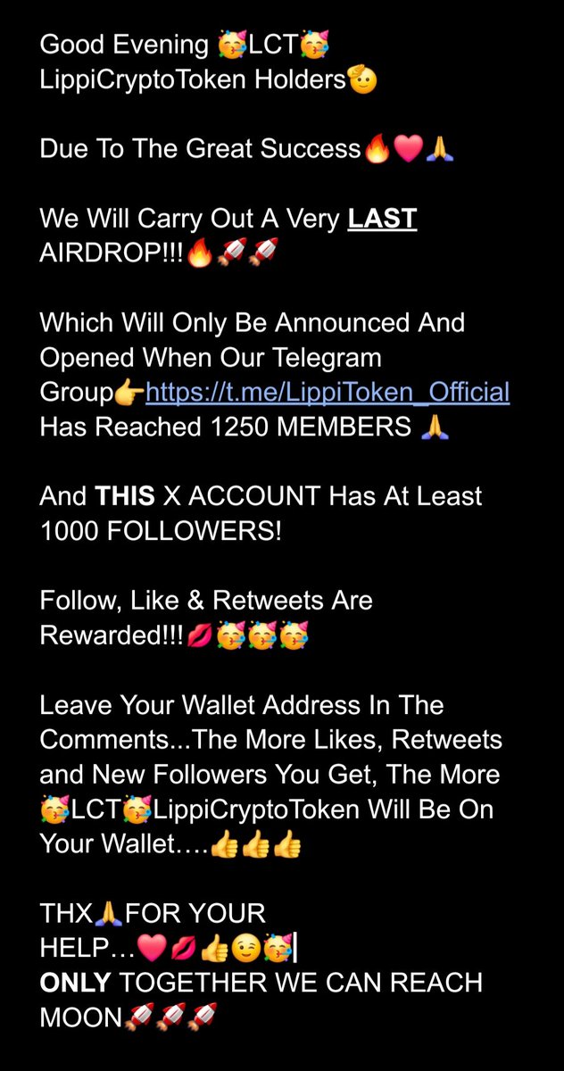Announcement :
🥳LCT 🥳 LippiCryptoToken Holders &amp; Family
READ CAREFULLY !

Join TG👉t.me/LippiToken_Off…

Airdrop TG ONLY Opens When  Reached The Goals👉
t.me/GeniusCryptoFa…

All Together We Can Make It 🙏🥰❤️LFG🚀
#MEME #Airdrops #LCT