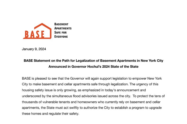 BASE is pleased to see that the Governor will again support legislation to empower New York City to make basement and cellar apartments safe through legalization. Our statement on the #SafeNYCbasements proposal in today's #SOTS2024: