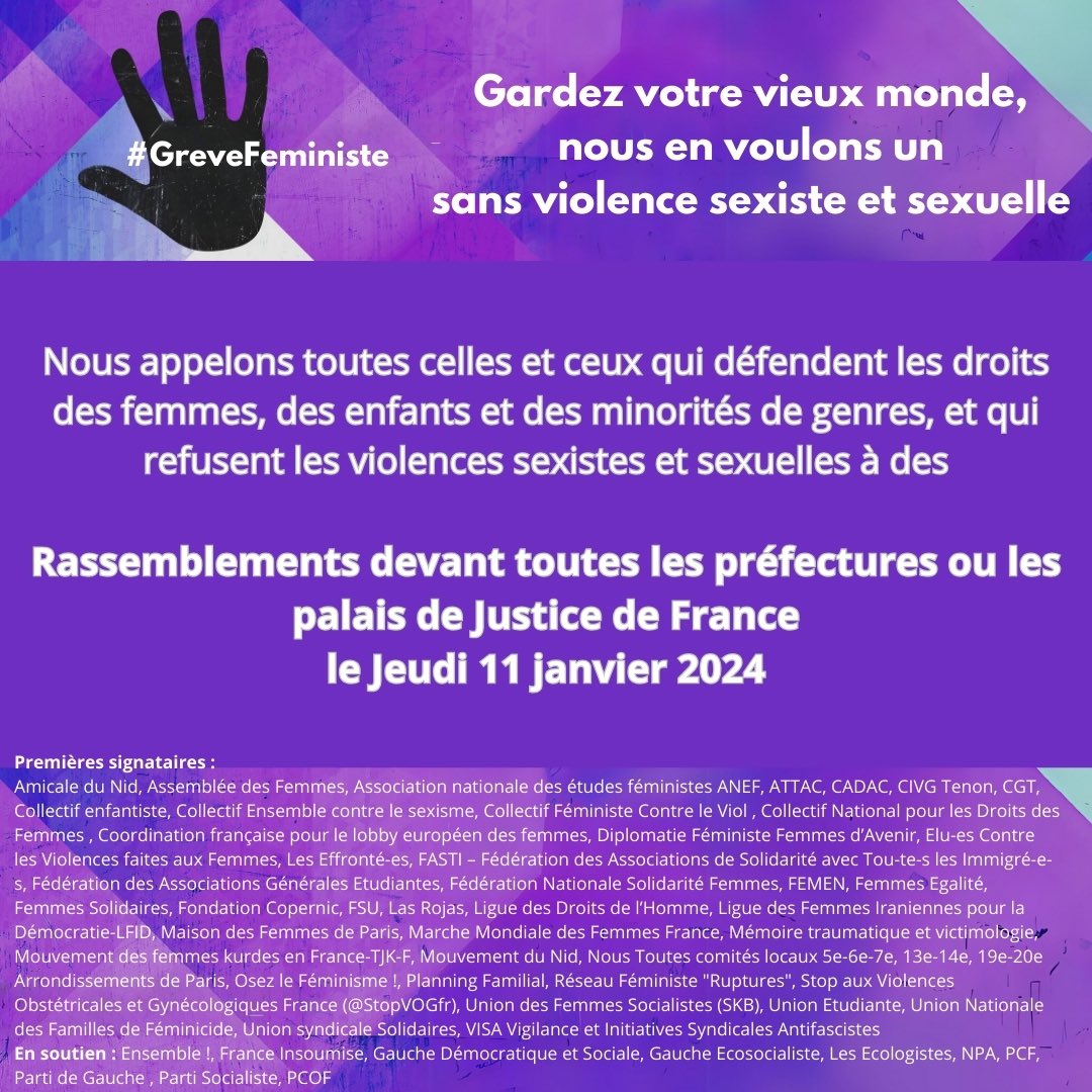 greve_feministe's tweet photo. Gardez votre vieux monde, nous en voulons un sans violence sexiste et sexuelle. #Depardieu. Rassemblements devant les Palais de justice ou Préfecture le 11 janvier. Avec les dernières signatures https://t.co/uNgvdG4RJY