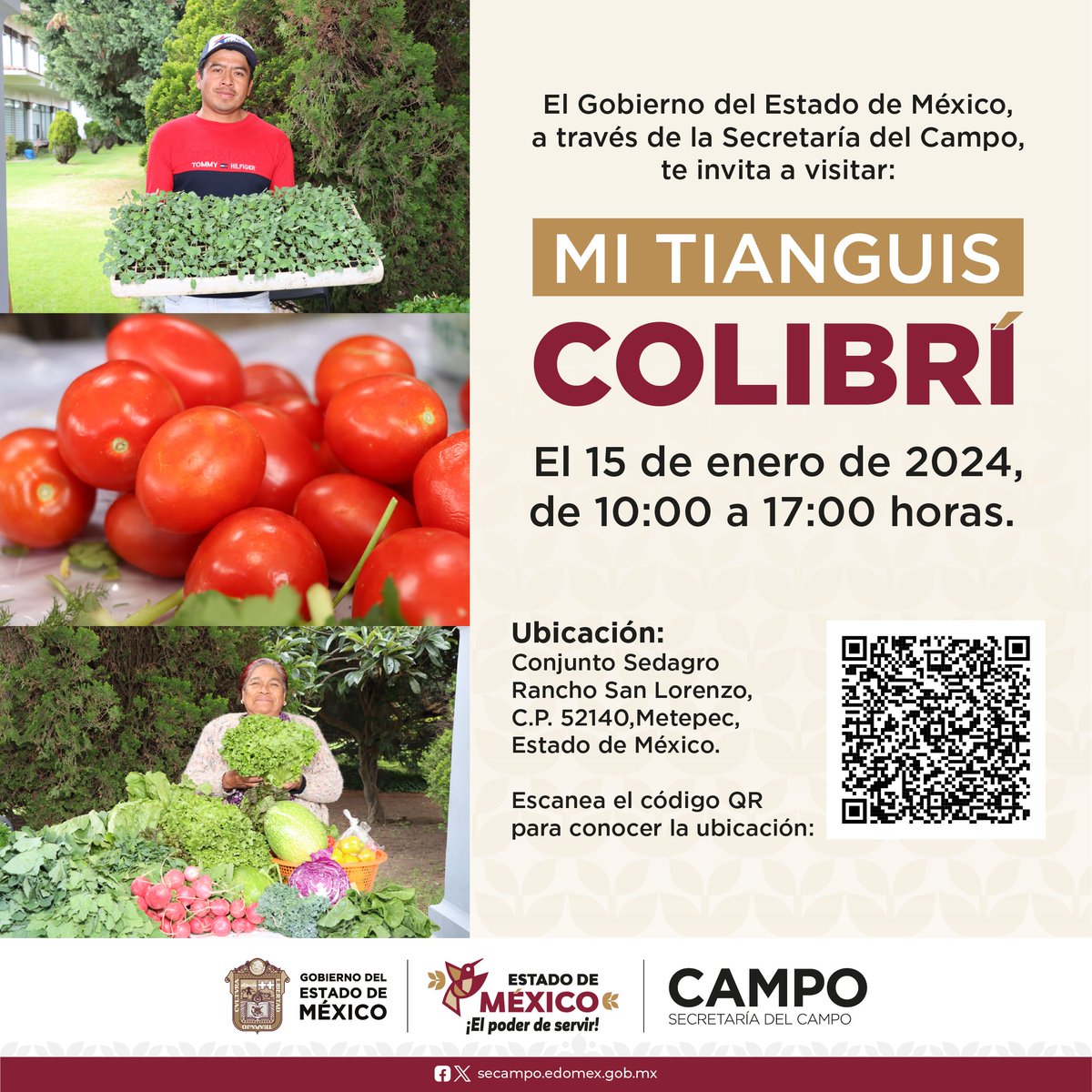 CampoEdomex's tweet photo. 👩🏻‍🌾Este Lunes 15 de enero no te pierdas una edición más de #MiTianguisColibrí.

Te invitamos a visitar nuestra @CampoEdomex, donde encontrarás una gran variedad de productos frescos, directamente de productores #mexiquenses.

Para conocer la ubicación exacta escanea el código QR https://t.co/2vDAaZscFB
