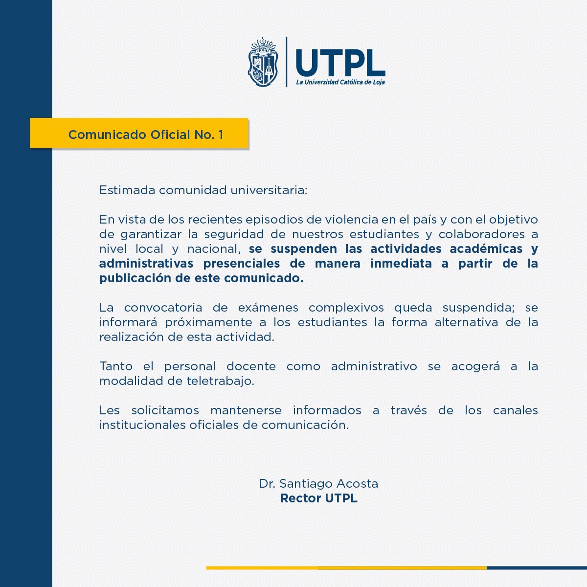 📢 [COMUNICADO]❗️ Medidas de seguridad en garantía del bienestar de nuestra comunidad universitaria. 

Solicitamos mantenerse informados a través de los canales institucionales oficiales.