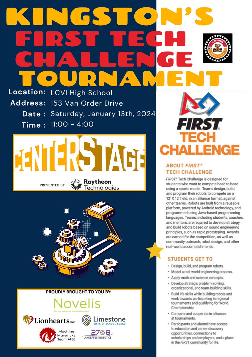 Join us this Saturday as our site hosts Kingston’s First Tech Challenge Tournament. It will be a day filled with incredible robotic action, innovation, and competition! 🤖🚀