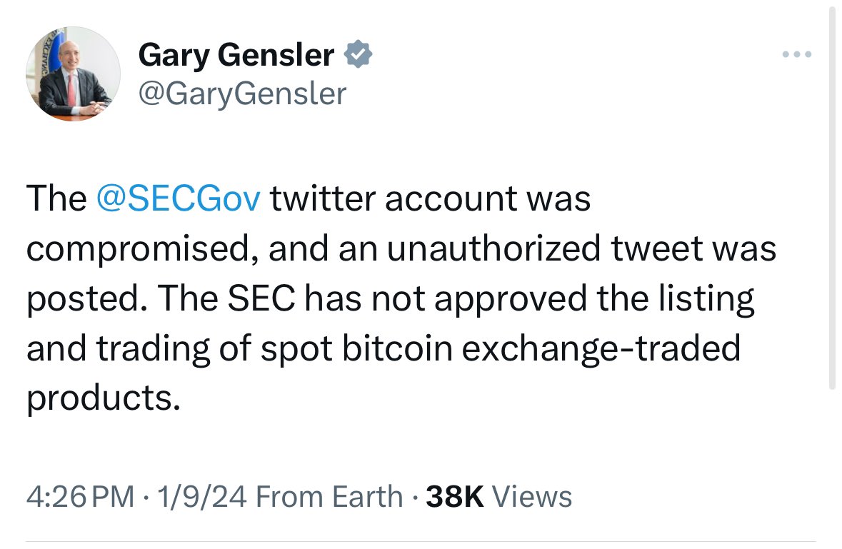 BREAKING: Gary Gensler says SEC's X account was hacked & it has not approved any #Bitcoin ETFs.