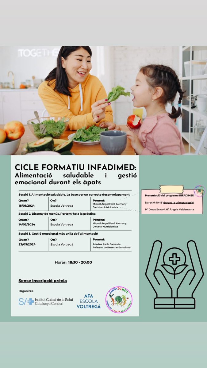 EscolaAfa's tweet photo. 📍Cicle formatiu infadimed:

🍏Alimentació saludable i gestió emocional durant els àpats. https://t.co/jAcsY4Actq