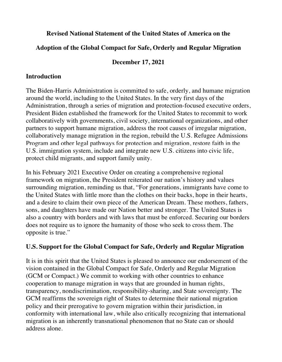 KimWexlerMAJD's tweet image. Oops, @SpeakerJohnson, you may have missed something in your #65points report. On December 17, 2021, the State Department issued a Revised National Statement of the USA on the Adoption of the Global Compact for Safe, Orderly and Regular Migration. state.gov/wp-content/upl…