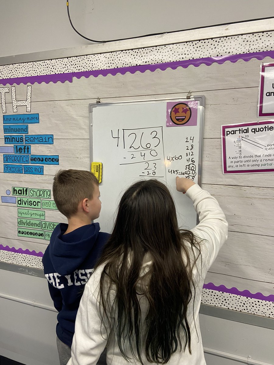 BrexMs's tweet photo. Practicing partial quotients on our vertical whiteboards during WIN time and celebrating a shared birthday with one of my students. What a good day! 😃 @LincroftElem @MTPSpride https://t.co/3S1bzEYpy4