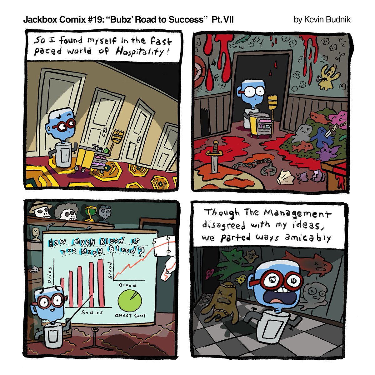 In this week's comic, we catch up with Bubz as they begin their new career in hospitality. However, there are some downsides to their new job.

Jackbox Comix are written by <a href="/knittedsweater/">kevin budnik</a>