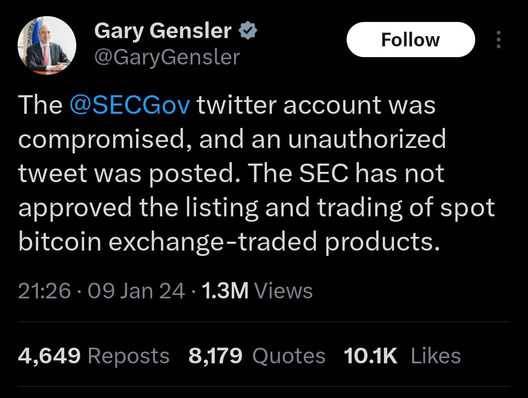TrueMillionz's tweet photo. Call off the #Bitcoin moon tweets lol....The SEC Twitter was "hacked"...

Yeah ok bro..Just more market manipulation &amp; rituals by the lizards as expected..

"Regulation" means control after all...Careful what you wish for..
#ETFbitcoin https://t.co/VmM3joZrlr