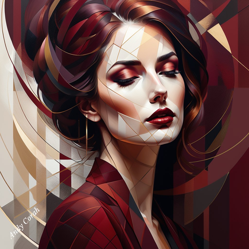 andy_corah's tweet photo. 🎨✨ Beautiful AI creation—an abstract digital painting capturing the essence of a melancholic woman. 💔🌌 Rich burgundy tones infuse sorrowful contemplation. #AIArt, #MelancholyPalette, and #AbstractEmotions.🖌️🍷#beautiful #abstract #etsy #AIArtCommuity #Geometry #NFT #painting https://t.co/e8nKqYBH1l