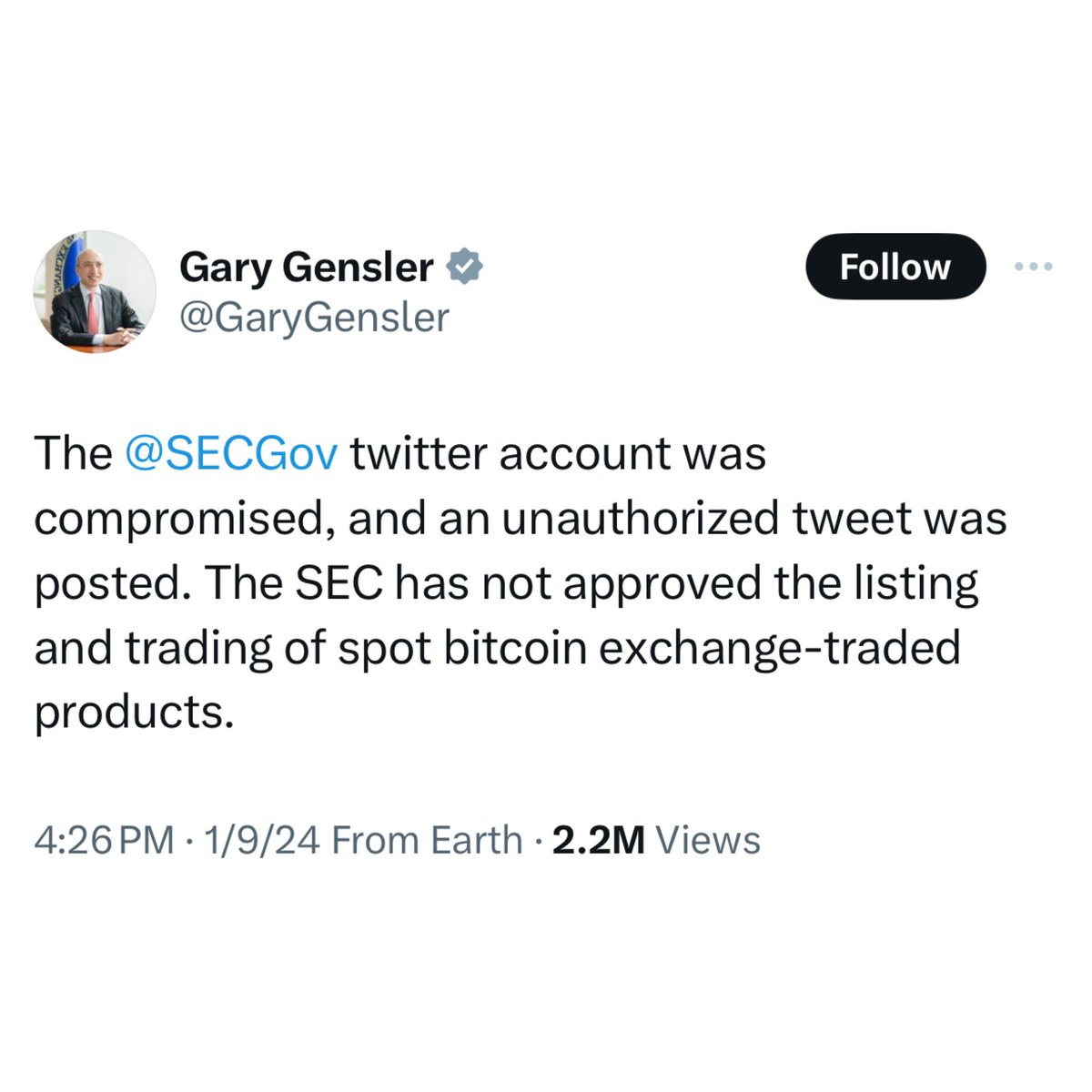 burrytracker's tweet photo. Just when you thought crypto couldn’t become a bigger circus …

At 3:11 PM today the SEC announced the “approval” of all Bitcoin ETFs. At 4:26 PM the chairman of the SEC posts that the SEC account was hacked and nothing has been approved 🤦‍♂️ https://t.co/JJm8uEqO87
