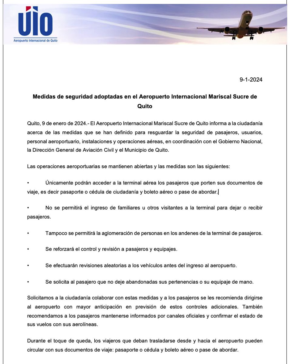 AeropuertoUIO's tweet photo. ⚠️IMPORTANTE
Boletín de prensa sobre 'Medidas de seguridad adoptadas en el Aeropuerto Internacional Mariscal Sucre de Quito'. https://t.co/41WPunzGH5