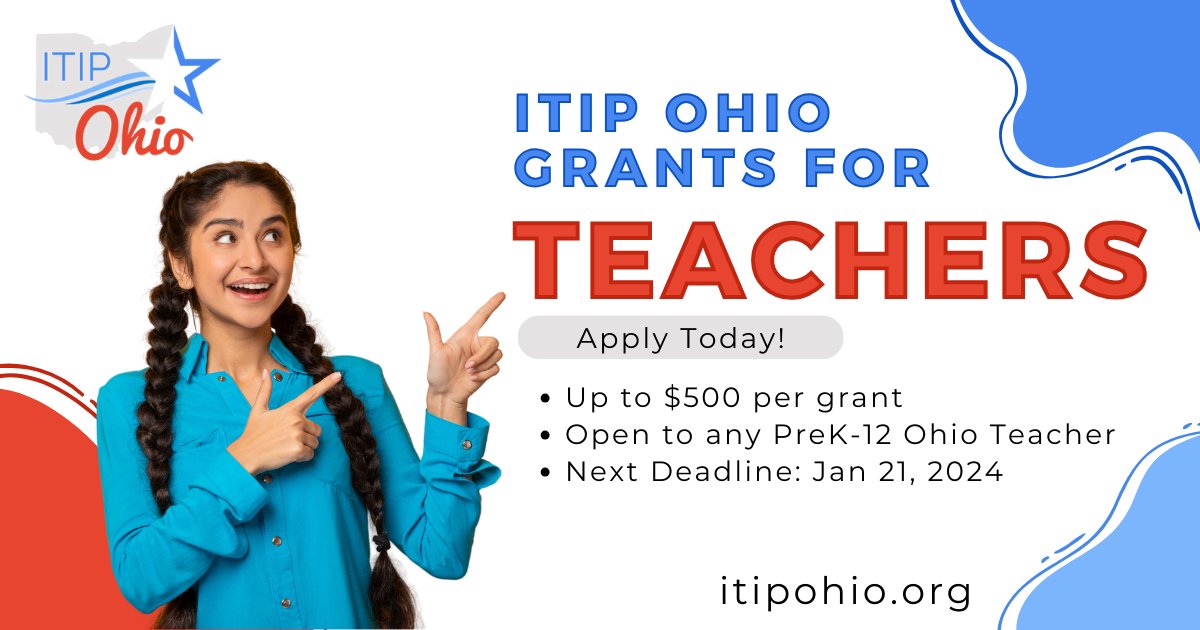 ericcurts's tweet photo. ITIP Ohio Grant for Teachers
💰 Up to $500 per grant
💻 For a technology-infused lesson plan
👩‍🏫 Open to any PreK-12 Ohio Teacher
🗓️ Deadline Jan 21, 2024
✅ Apply at https://t.co/EhHgh8VGT9

#edtech #ohedchat @itipohio https://t.co/swXwNw0Hq7