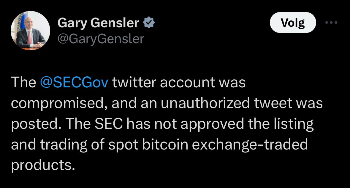 Oh nee toch nog niet… 

Gary Gensler de voorzitter van de SEC laat zojuist weten dat haar Twitter-account gehackt is.