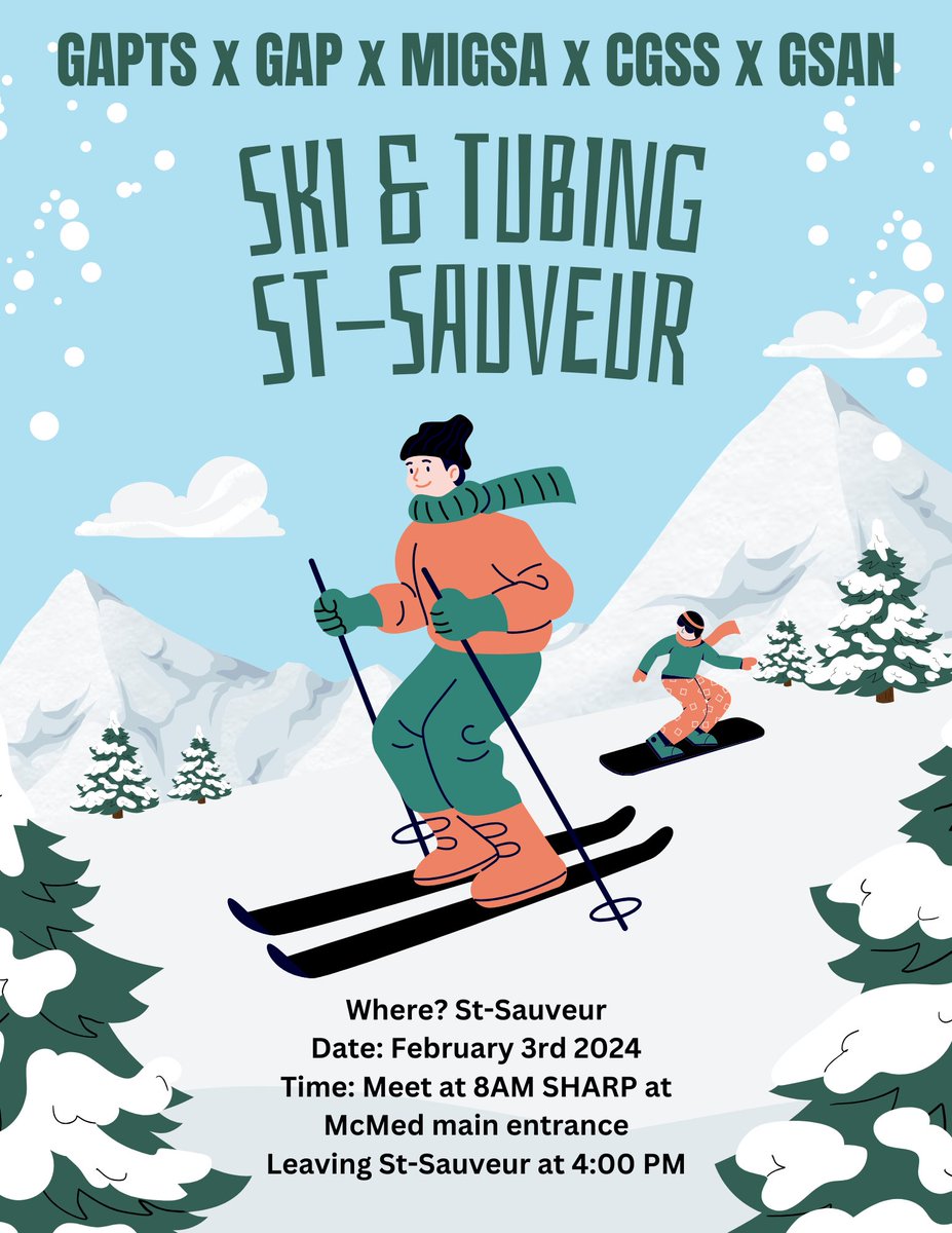 Hey everyone! Use the link below to sign up for the joint grad student society ski trip this February 3rd! We've got you covered with an awesome group discount: save 40% on lift tickets, rentals and tubing tickets, as well as transportation! forms.gle/SmH3CcWqqReSAX…