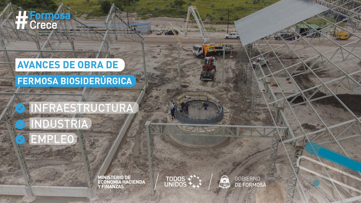 MinEcoFsa's tweet photo. #FormosaCrece 👷🏻 La obra de la planta industrial "Fermosa Biosiderúrgica" continúa recibiendo los equipamientos que son transportados hasta #Formosa con camiones provenientes de Brasil, hoy se encuentra con un avance de más del 70%.

➡️Con la finalización de la carga de hormigón de la base del alto horno, uno de los equipos principales de planta industrial, se procederá con el ensamblado de la estructura metálica y ladrillos refractarios.