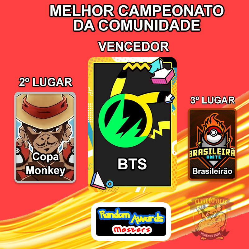 Cleitopolis's tweet photo. Melhor campeonato da comunidade, aqueles que seguram a comunidade em OFF no oficial, preparam, ajudam e animam. A grande vencedora é a Bumbum tamanho super @BTSBRpokemon seguida por @CopaMonkey e no fim o @BrUniteOFC. Merecido demais!
#GOCU #PokemonUNITE #Pokemon #RandomAwards https://t.co/ed4LyjCs9S