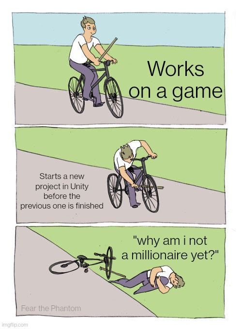Phantom_TheGame's tweet photo. The life cycle of indie game developers. https://t.co/YwP1j0debU