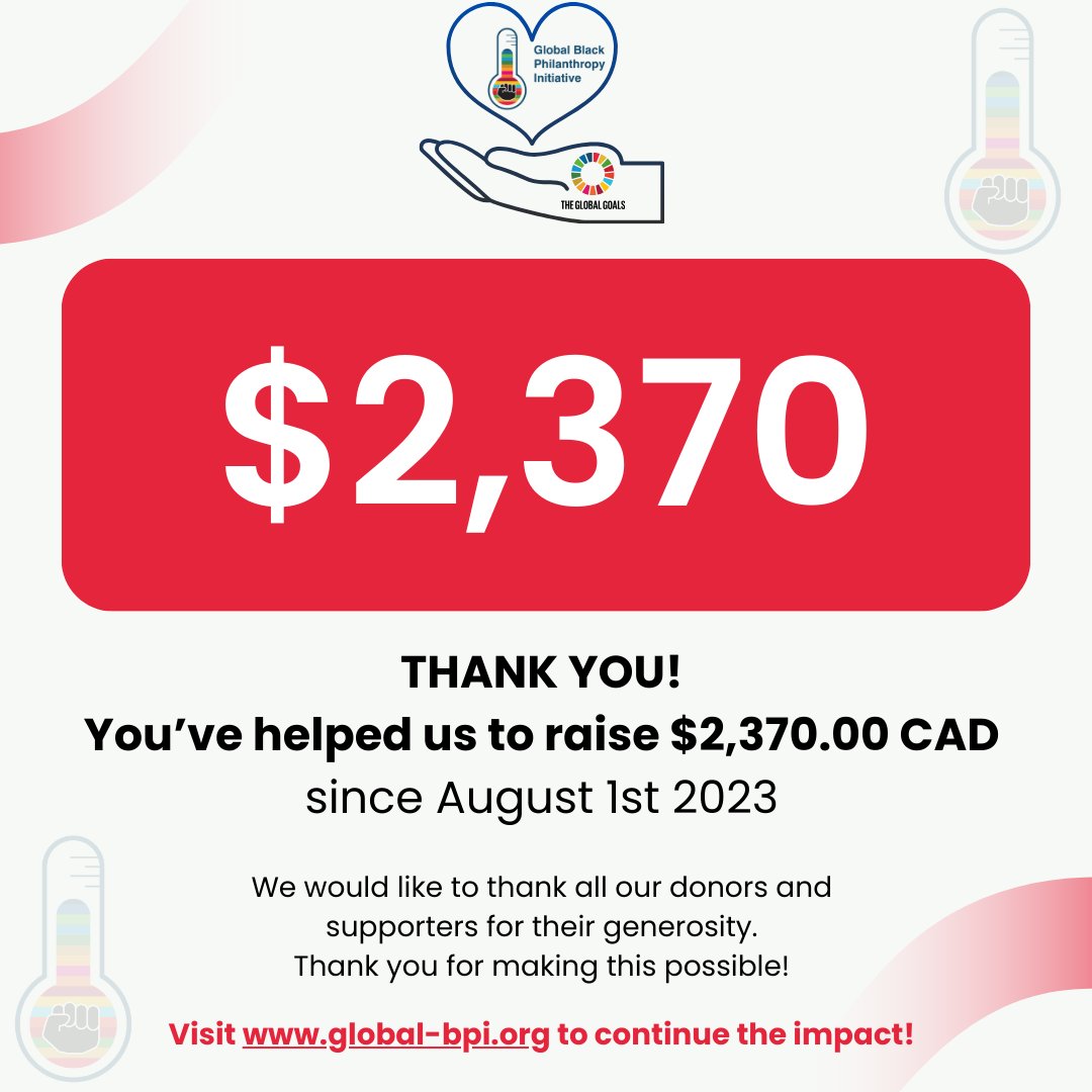 globalbpi2023's tweet photo. Thanks to you, we have raised $2,370 Canadian dollars since launching the Global Black Philanthropy Initiative (GBPI) @globalblackphilanthropy during Black Philanthropy Month (BPM) 2023.

View a full breakdown of our monthly results on the website at https://t.co/jXjmDVEiCY. https://t.co/FXSBOmxTUc