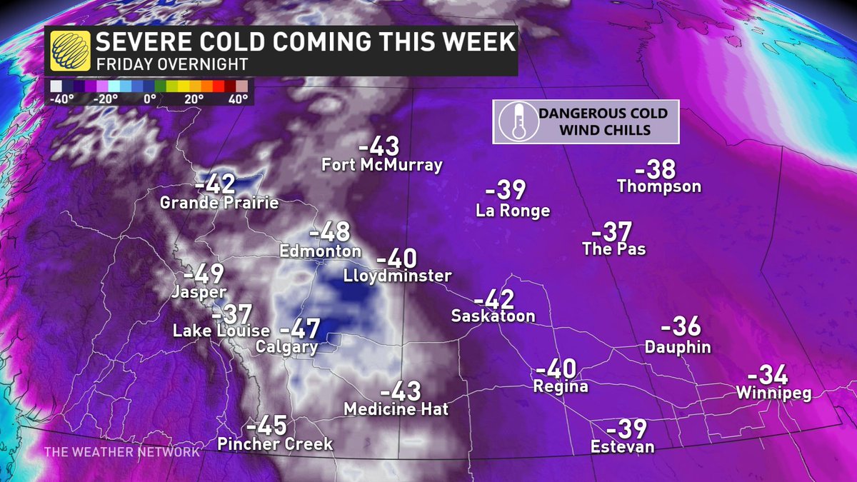 jwhittalClimate's tweet photo. This kind of cold coming this week (worst looking like Friday) is dangerous for you and YOUR PETS. Bring them inside, please ๐with these kinds of wind chill values #ABstorm #PRstorm #MBstorm #SKstorm @weathernetwork https://t.co/LVZdp6L6kr