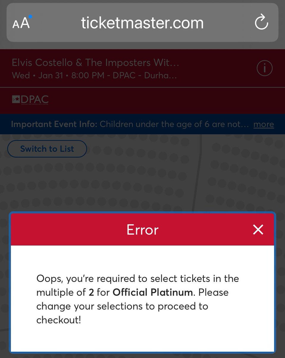 _sevendaysin's tweet photo. A new low for @Ticketmaster: Tried to purchase 1 ticket to @ElvisCostello. Only decent ones left are platinum. Made sure I left 2+ seat on the row, clicked add to cart, message says you must now purchase good seats in pairs. Single people can sit only in nosebleeds/obstructed. 🤬 https://t.co/hDigjVXV57